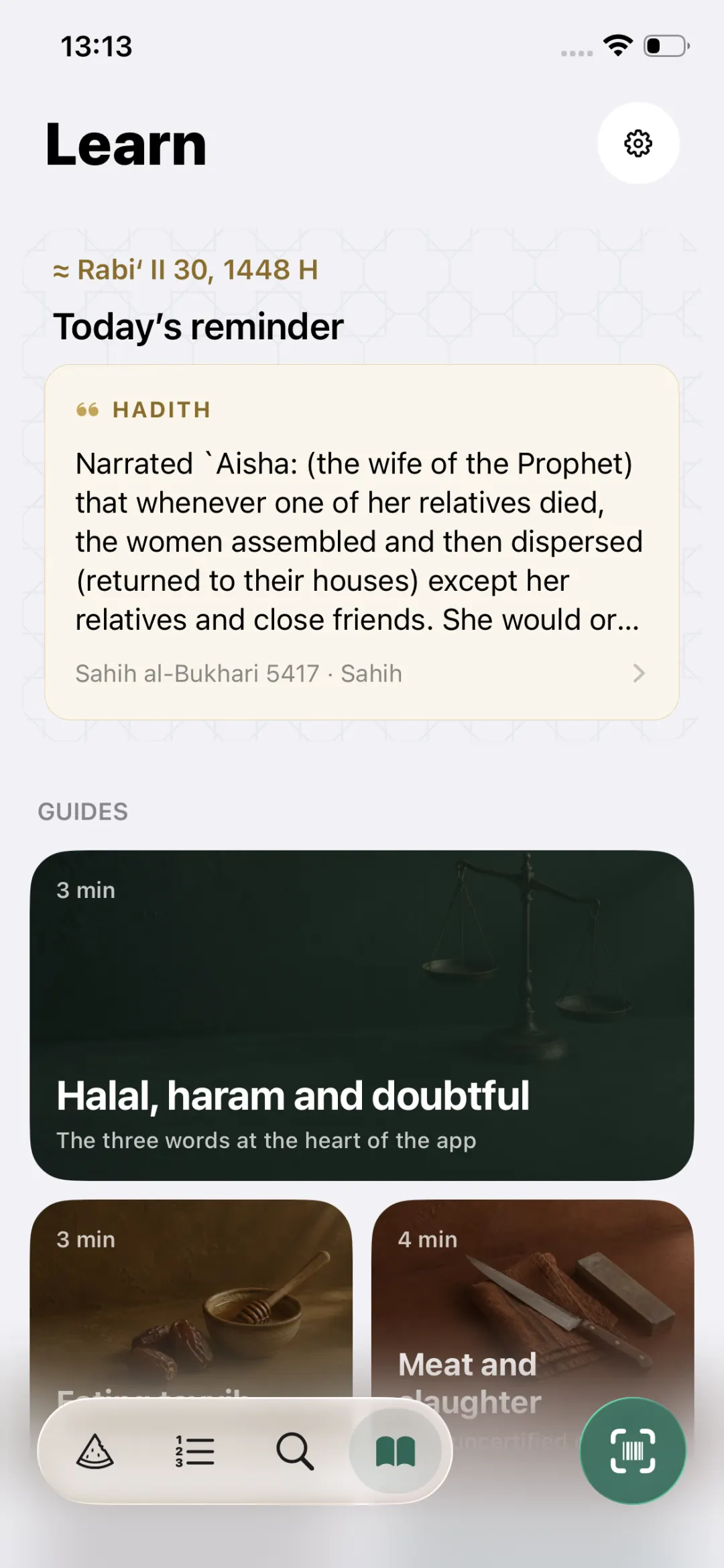 Tayib Learn screen: Hijri date, today's reminder (hadith from Sahih al-Bukhari 5417) and the guides 'Halal, haram and doubtful' and 'Meat and slaughter'.