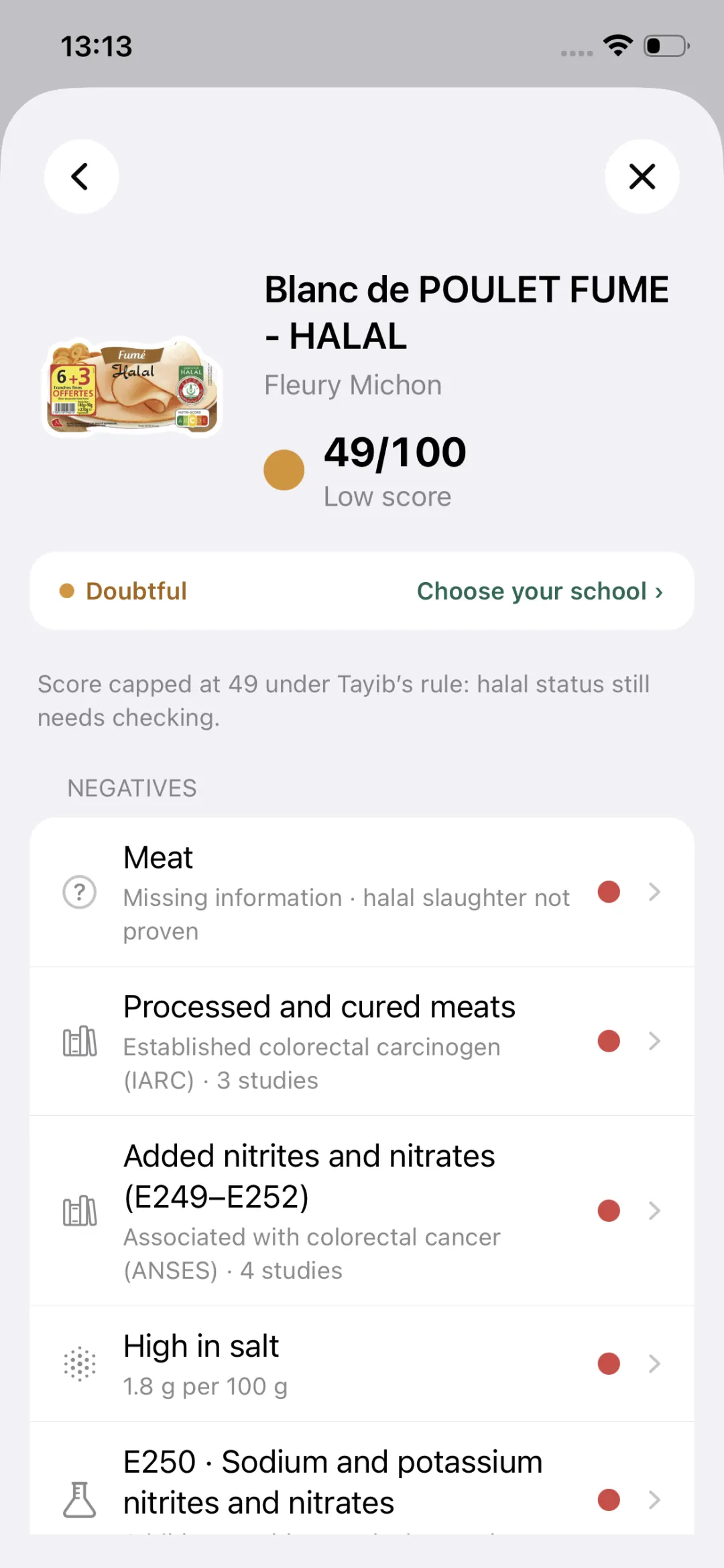 Tayib product page: smoked chicken breast rated Doubtful (halal slaughter not proven), score capped at 49/100, nitrites and processed meat flagged with their studies.