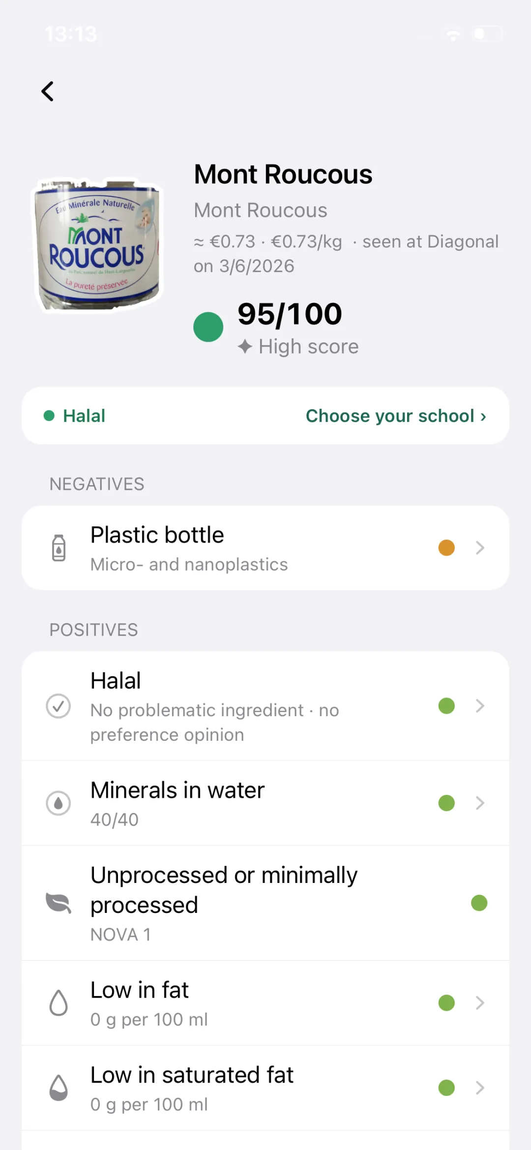 Tayib product page: a mineral water rated Halal with a Tayib score of 95/100, listing negatives (plastic bottle) and positives (minerals, NOVA 1).