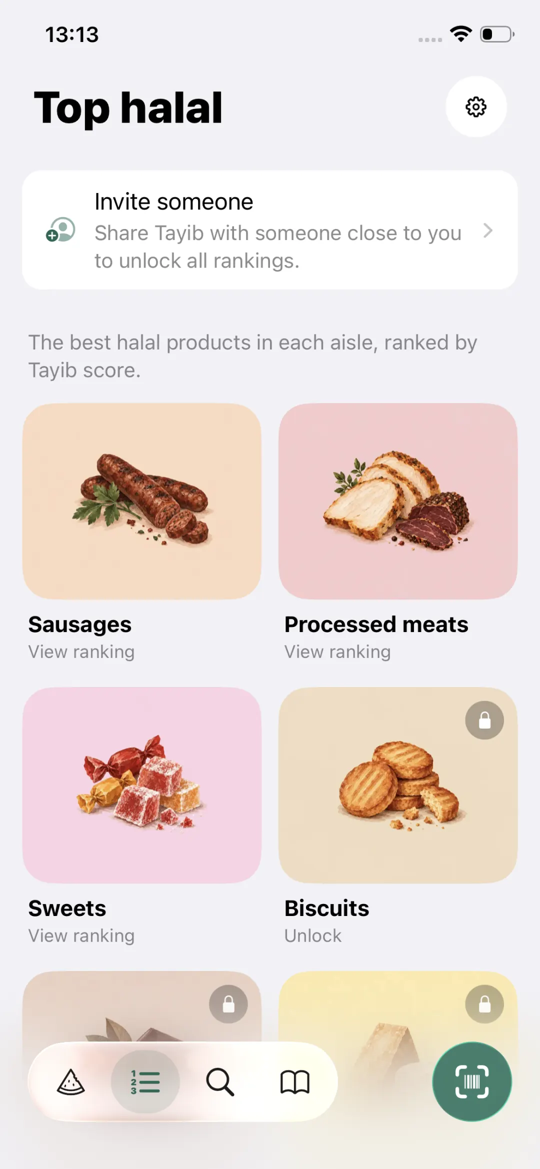 Tayib Top halal screen: the best halal products in each aisle — sausages, processed meats, sweets, biscuits — ranked by Tayib score.