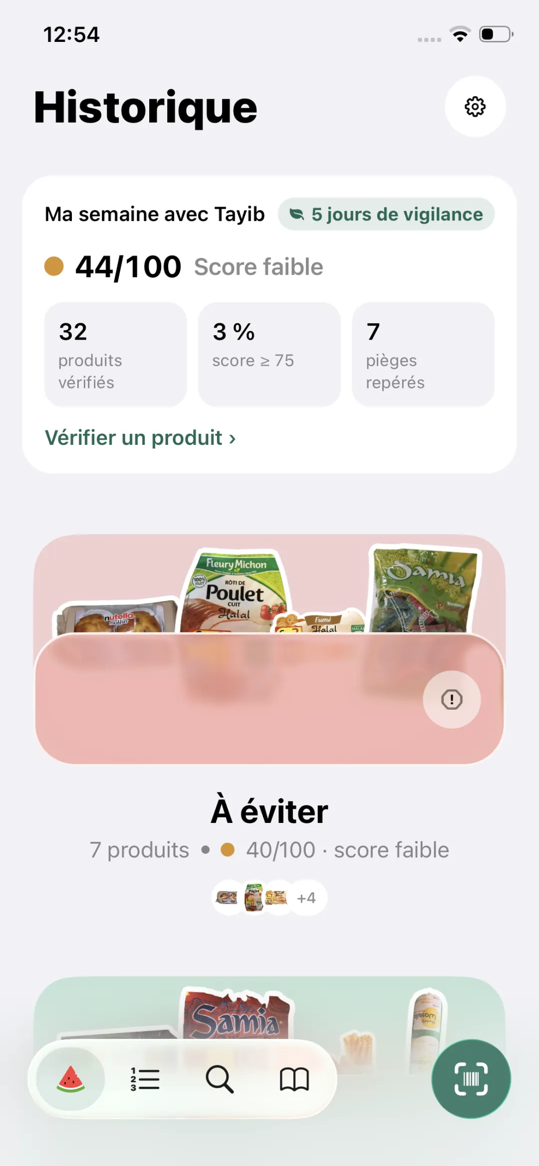 Écran Historique de Tayib : « Ma semaine avec Tayib », 5 jours de vigilance, score moyen 44/100, et le dossier intelligent « À éviter ».