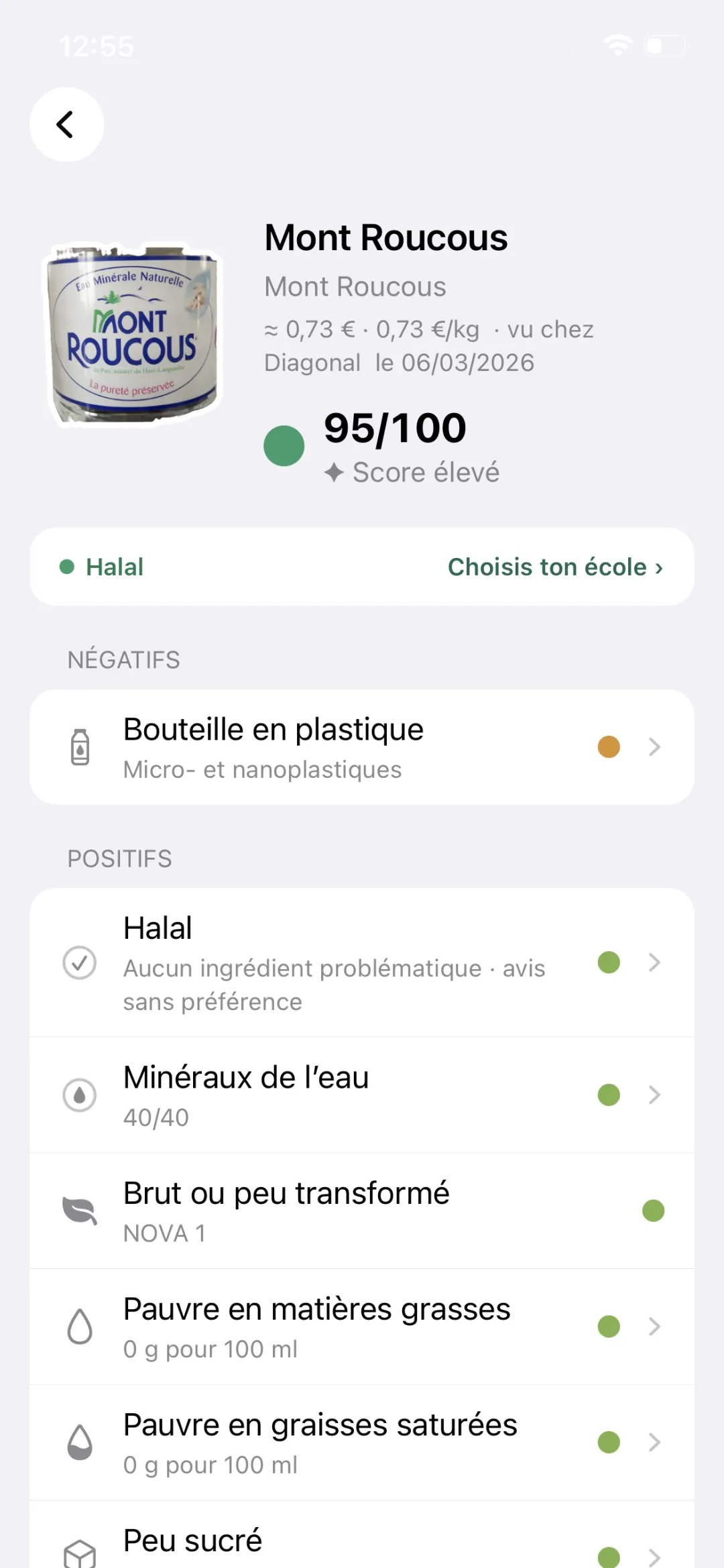 Fiche produit Tayib : eau minérale classée Halal, score Tayib 95/100, avec ses points négatifs (bouteille en plastique) et positifs (minéraux, NOVA 1).
