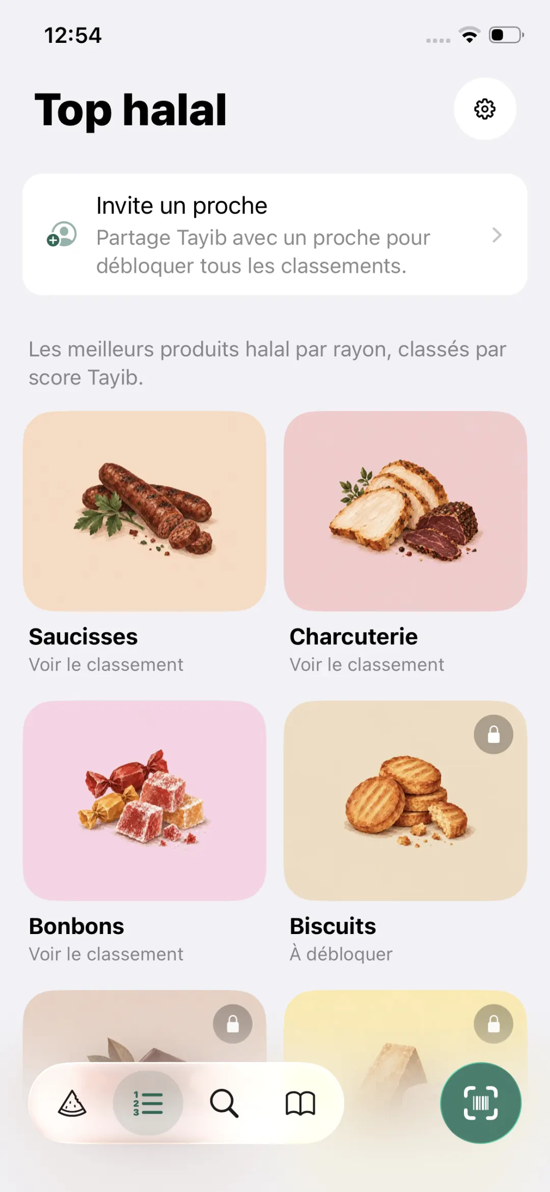 Écran Top halal de Tayib : les meilleurs produits halal par rayon — saucisses, charcuterie, bonbons, biscuits — classés par score Tayib.